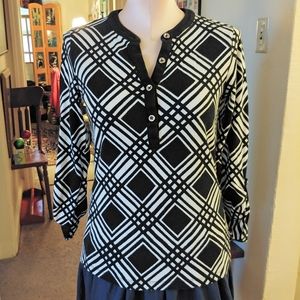 Evan Picone Top Black White Patterned Shirt Blouse